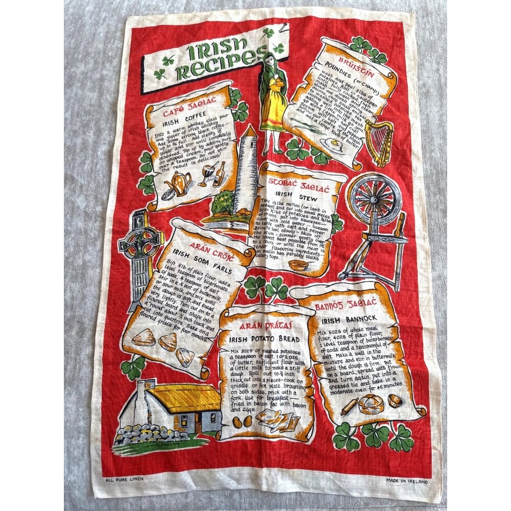 Irish Recipes Vintage Linen Tea Towel Tapestry